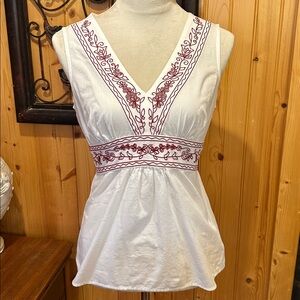 LOFT Cream and Burgundy Embroidered Top